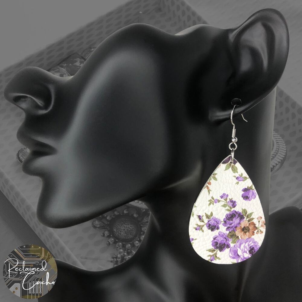 Purple Floral Faux Leather Teardrop Earrings